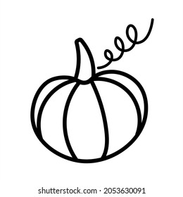 Black and white image of pumpkin doodle. Simple halloween pumpkin icon, for thanksgiving day. Isolated vector graphics on transparent background. Design decoration. 