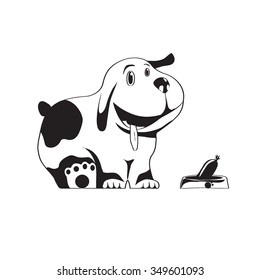 black and white image of a puppy and standing next to him with a bowl of sausage, vector