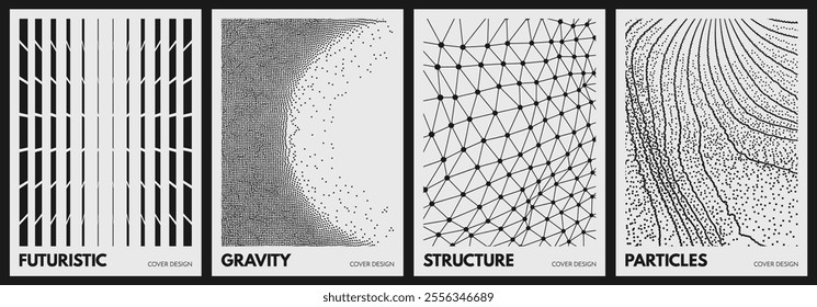 Black and white image of rectangular flat shapes with transition effect. Dynamic gradient pattern. Array with dynamic particles. Lattice structure. Scientific background. 3D grid surface. Vector.