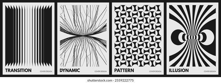 Black and white image of rectangular flat shapes with transition effect. Optic art. Abstract geometric pattern. Array with dynamic particles. Two touching spheres consisting of points. 3d vector. 