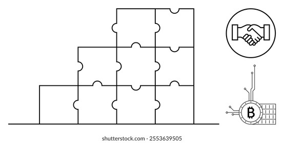 Black and white image representing stackable puzzle blocks next to handshake and bitcoin symbol. Ideal for business cooperation, blockchain technology, teamwork, cryptocurrency transactions