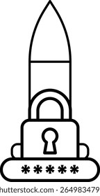 A black and white image of a rocket with a lock on it. The lock is on the rocket and it is surrounded by a series of numbers