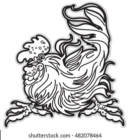 Black and White Image of Rooster. A Symbol of Eastern Calendar. Vector Illustration.