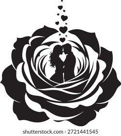 Una Imagen en blanco y negro de una rosa con la silueta de una pareja en el interior, que simboliza el amor en el Día de San Valentín
