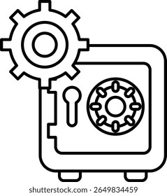 A black and white image of a safe with a gear on it. The safe is open and the gear is visible
