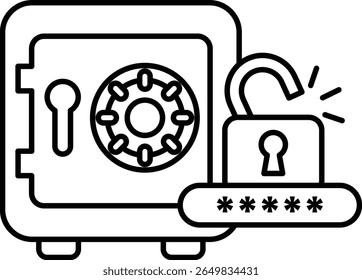 A black and white image of a safe with a keyhole and a lock. The safe is open and the lock is broken
