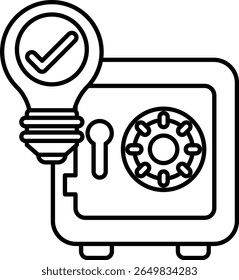 A black and white image of a safe with a light bulb on top of it. The light bulb is lit up, which suggests that the safe is open and ready to use. Concept of security and trust