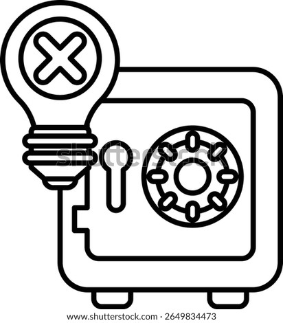 A black and white image of a safe with a light bulb on top of it. The light bulb is turned off, and the safe is locked. Concept of a locked safe that is not being used