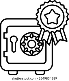 A black and white image of a safe with a star and a ribbon on it. The safe is a symbol of security and protection