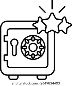 A black and white image of a safe with a star on it. The safe is open and the star is shining brightly