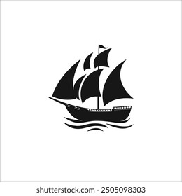 black and white image of a sailboat with three sails on a white background.