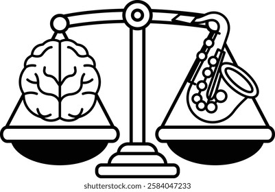 A black and white image of a scale with a brain on one side and a saxophone on the other. The scale is balanced, but the brain appears to be heavier than the saxophone