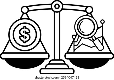 A black and white image of a scale with a dollar sign on one side and a magnifying glass on the other