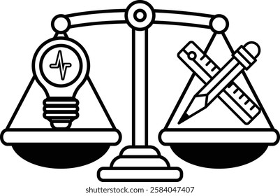 A black and white image of a scale with a light bulb on one side and a pencil and ruler on the other