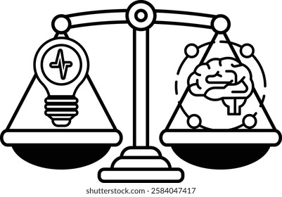 A black and white image of a scale with a light bulb on one side and a brain on the other. The scale is balanced, but the light bulb appears to be brighter than the brain