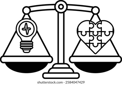 A black and white image of a scale with a light bulb on one side and a puzzle piece on the other