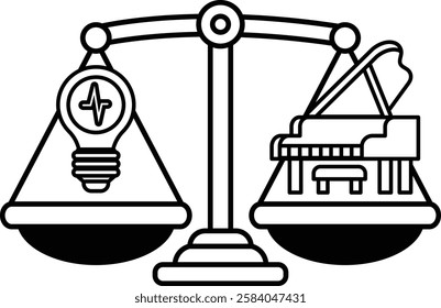 A black and white image of a scale with a light bulb on one side and a piano on the other