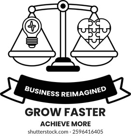 A black and white image of a scale with a light bulb on one side and a puzzle piece on the other. The text below the image reads "Business reimagined" and "Grow faster" in bold letters