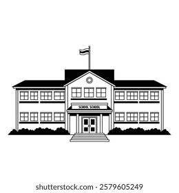 A Black and White Image of a School Building With a Flag on Top.