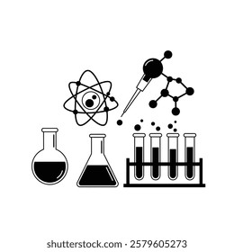 A Black and White Image of a Science Lab With a Beak, Test Tube, and a Beak.