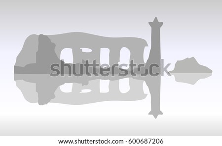 The black and white image at the seaside with ruins of destroyed castle.Vector  