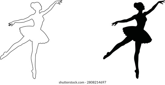 Black and white image set showing a stylized outline of a ballerina in a pose and a solid black silhouette of a similar dancer.