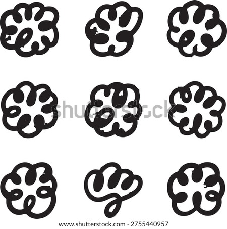 A black and white image of several brain shapes