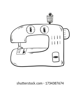 Black and white image of a sewing machine. Vector illustration. Household appliances on a white background