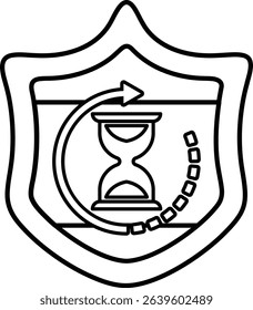 A black and white image of a shield with a clock on it. The clock is set to the time of 10:00