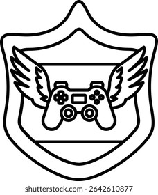 A black and white image of a shield with a controller on it. The controller is in the middle of the shield and has two buttons on it. The shield is surrounded by wings, giving it a sense of flight
