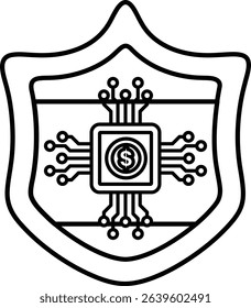 A black and white image of a shield with a dollar sign on it. The shield is made of metal and has a lot of wires and circuits