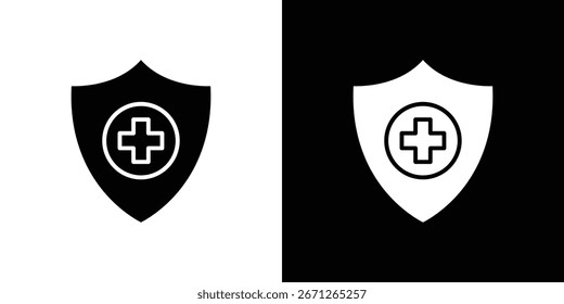 Imagen en blanco y negro de un ícono de escudo con una cruz médica, aislado sobre fondos blancos y negros.
