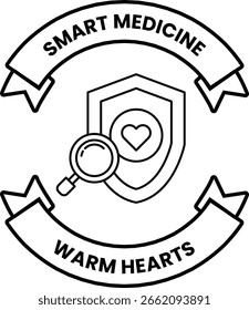 Una Imagen en blanco y negro de un escudo con una lupa. El escudo tiene un corazón y las palabras "Medicina Inteligente" están escritas debajo de él. Concepto de uso de la tecnología