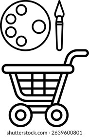 A black and white image of a shopping cart with a paint palette and a paintbrush on it