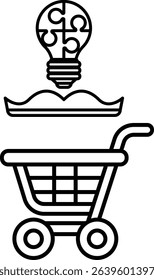 A black and white image of a shopping cart with a light bulb on top of it. The light bulb is surrounded by a jigsaw puzzle, which represents the idea of creativity and innovation