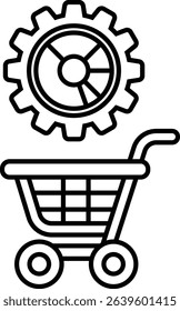 A black and white image of a shopping cart with a gear on it. Concept of a shopping cart being used to transport goods, and the gear represents the machinery that powers the cart