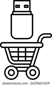 A black and white image of a shopping cart with a USB drive on top. Concept of shopping and technology, as the USB drive could be used to purchase items online