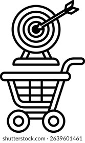 A black and white image of a shopping cart with a target on top of it. Concept of aiming for a goal or target, which could be related to shopping or other aspects of life