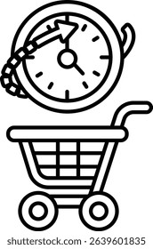 A black and white image of a shopping cart with a clock on it. The clock is showing the time as 11:00
