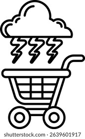 A black and white image of a shopping cart with a storm cloud above it. The storm cloud is filled with lightning bolts, giving the image a sense of danger and chaos. The shopping cart is empty