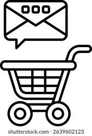 A black and white image of a shopping cart with a letter E on it. The cart is empty