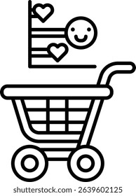 A black and white image of a shopping cart with a smiling face on it. The cart is surrounded by a row of hearts, which suggests a positive and happy atmosphere