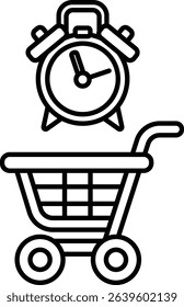 A black and white image of a shopping cart with a clock on it. The clock is set to the time of 10:00