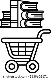A black and white image of a shopping cart with a stack of books on top of it. The cart is empty and the books are piled high. Concept of shopping for books and the importance of reading