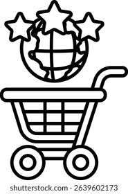 A black and white image of a shopping cart with three stars on it. The cart is surrounded by a globe and stars. Concept of adventure and exploration