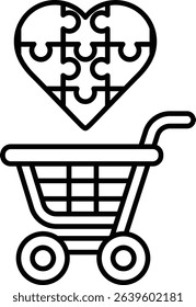 A black and white image of a shopping cart with a heart on it. The heart is surrounded by puzzle pieces, which suggests that the shopping cart is a metaphor for putting together a puzzle