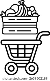 A black and white image of a shopping cart with a basket full of fruits and vegetables. Concept of freshness and health, as well as the idea of shopping for nutritious food