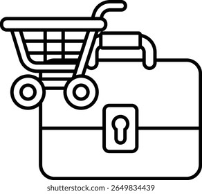 Uma imagem em preto e branco de um carrinho de compras e uma pasta. O carrinho de compras está no lado esquerdo da imagem e a pasta está no lado direito. Conceito de um dia cheio no trabalho ou nas compras