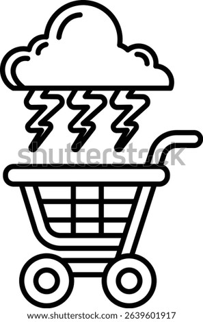 A black and white image of a shopping cart with a storm cloud above it. The storm cloud is filled with lightning bolts, giving the image a sense of danger and chaos. The shopping cart is empty
