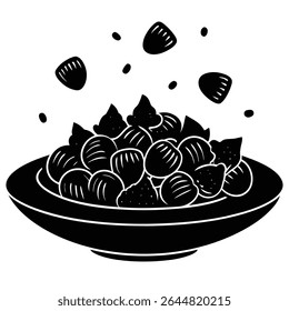 A black and white image showcases a bowl filled with round foods, topped with smaller pointed foods; a few round shapes and smaller pointed shapes are seen falling.